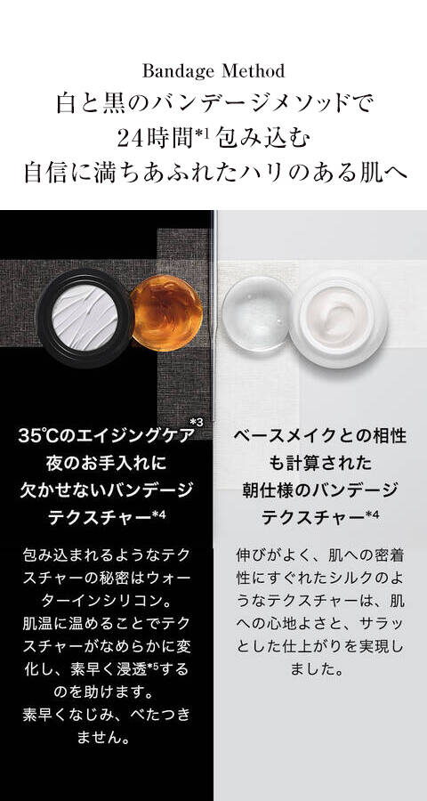 35℃のエイジングケア*3 夜のお手入れに欠かせないバンデージ テクスチャー*4 包み込まれるようなテクスチャーの秘密はウォーターインシリコン。 肌温に温めることでテクスチャーがなめらかに変化し、 素早く浸透*5するのを助けます。 素早くなじみ、べたつきません。 ベースメイクとの相性も計算された 朝仕様のバンデージ テクスチャー*4 伸びがよく、肌への密着性にすぐれた シルクのようなテクスチャーは、 肌への心地よさと、 サラッとした仕上がりを実現しました。